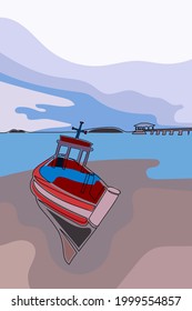Thai country boat parked on beach, One single continuous line illustration vector.