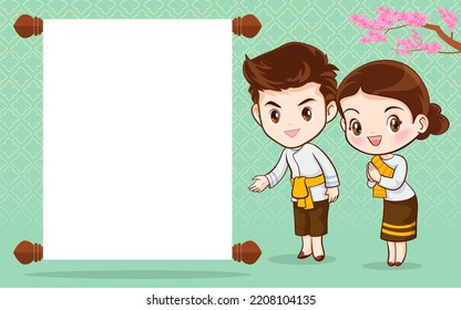 Thai couple cartoon character in traditional costume presenter Sawasdee and welcome for template
