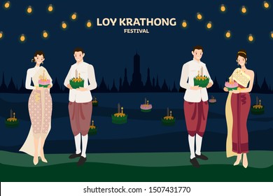 Thai couple traditional dress floating flowers on loy kratong thailand festival.  Full super moon background at night and temple scene. cultural celebration with copy space eps10 vector illustration