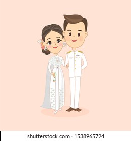 Thai couple in Thai traditional dress for wedding card vector