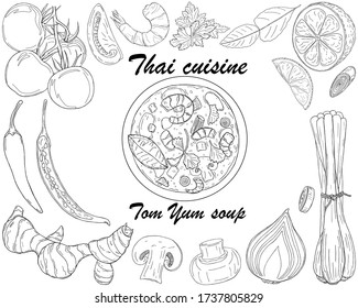 Thai cuisine background. Vector illustration of black line hand drawn tom yum soup ingredients isolated on white background