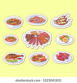 Thai cuisine dishes isolated labels. Tom yam soup, steamed rice, satay skewers, green curry, fish and crabs, noodles with shrimp and green papaya salad. Restaurant menu element vector illustration.