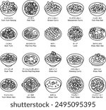 Thai cuisine, ethnic cuisine, and Asian cuisine menu icon illustration set. Dish names are written in Japanese and English.