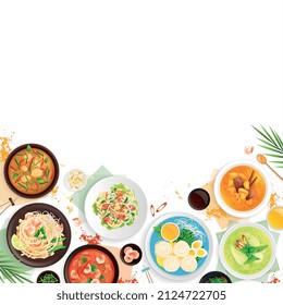 Thai cuisine flat vector illustration of national dishes flavored with green and red curry and coconut milk sauces