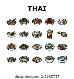 thai cuisine food asia icons set vector. curry table, various thailand, menu rice, plate delicious, som, meal, dish, cooking thai cuisine food asia color line illustrations