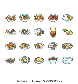 thai cuisine food asia icons set vector. curry table, various thailand, menu rice, plate delicious, som, meal, dish, cooking thai cuisine food asia color line illustrations