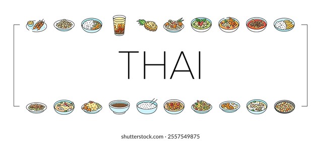 thai cuisine food asia icons set vector. curry table, various thailand, menu rice, plate delicious, som, meal, dish, cooking thai cuisine food asia color line illustrations