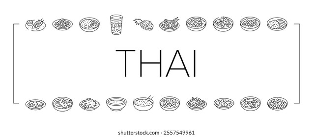 thai cuisine food asia icons set vector. curry table, various thailand, menu rice, plate delicious, som, meal, dish, cooking thai cuisine food asia black contour illustrations