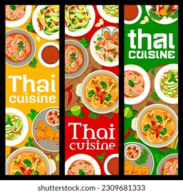 Thai cuisine food banners. Seafood shrimp, vegetable and fruit salads, Panang curry, salad with soybean sprouts and battered prawns, beef and vegetable stir fry, fish soup