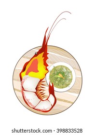Thai Cuisine, Grilled Giant River Prawn with Spicy and Sour Sauce. One of The Most Popular Food in Thailand.