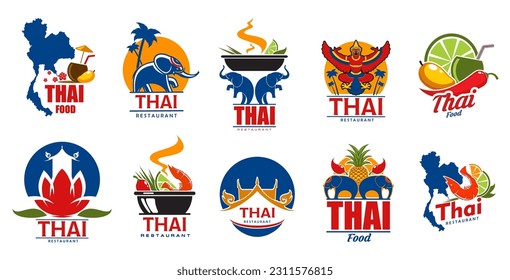 Thai cuisine icons, Thailand restaurant. Vector asian food isolated symbols with elephants, thai map and spicy dishes, rice pots, shrimp soup tom yum, coconut, mango and hot chilli peppers