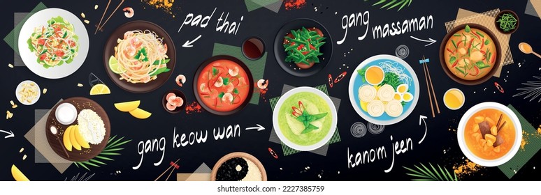 Thai cuisine national dishes on black background so as gang keow wan pad tai and kanom jeen flat horizontal vector illustration