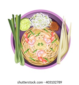 Thai Cuisine, Pad Thai or Thai Stir Fried Noodles with Prawns. One of The Most Popular Recipe in Thailand.