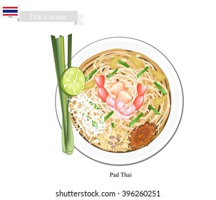 Thai Cuisine, Pad Thai or Traditional Thai Stir Fried Noodles with Shrimps. One of The Most Popular Dish in Thailand.