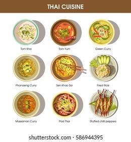 Thai cuisine poster with traditional dishes on white. Vector collection of Tom Kha, Tom Yum, Green and Phanaeng Curry, Sen Khao Soi, Fried Rice, Massaman Curry, Pad Thai, Stuffed chilli peppers