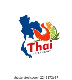 Icono de restaurante de cocina tailandesa con mapa de Tailandia, emblema vectorial de barra de mariscos. Comida asiática y símbolo tailandés de cocina auténtica con camarón y cal, icono del restaurante gourmet tradicional de Bangkok