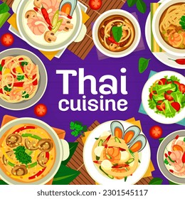 El menú del restaurante de cocina tailandesa, los platos y comidas asiáticos, vectores. Sopa de cocina tailandesa, fideos y ensalada para la cena tradicional, cocina asiática y comida gourmet mundial con coco y curry Tom Yum