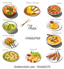 Thai cuisine set. Collection of food dishes for the decoration of restaurants, cafes, menus. Vector Illustration. Isolated on white.