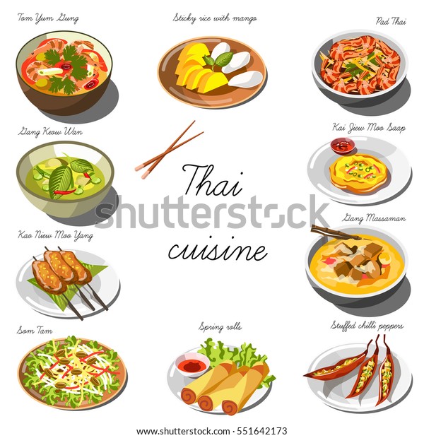 タイ料理セット レストラン カフェ メニューの飾り付けに使う食べ物のコレクション ベクターイラスト 白い背景に のベクター画像素材 ロイヤリティフリー 551642173