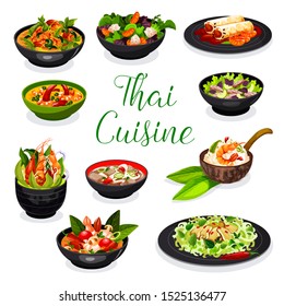 Thai cuisine soups with noodles, beef and fish, coconut milk and spicy chicken vector design. Spring rolls, meat and seafood salads with squid and cabbage, shrimp tom yum and risotto