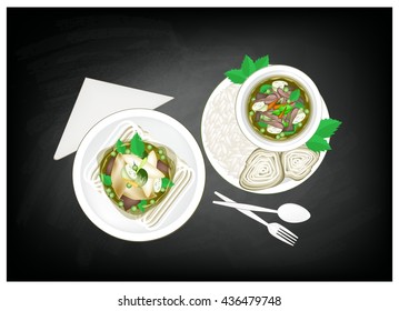 Thai Cuisine, Thai Spicy Green Curry with Rice Vermicelli and Cooked Jasmine Rice on Chalkboard, One of The Most Famous Curry Recipes in The World.