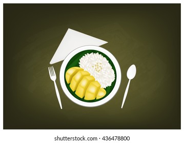 Thai Cuisine, Sticky Rice Steamed with Coconut Milk Served with Ripe Mango on Chalkboard. One of The Most Popular Dessert in Thailand.
