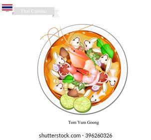 Thai Cuisine, Tom Yum Goong or Traditional Thai Thai Spicy and Sour Soup with Shrimps, Mushroom, Coconut Milk and Herbs. One of The Most Popular Dish in Thailand.