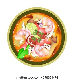 Thai Cuisine, Tom Yum Goong or Traditional Thai Spicy and Sour Soup with Prawns, Mushroom, Coconut Milk and Herbs. One of The Most Popular Dish in Thailand.