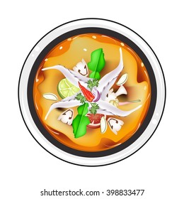 Thai Cuisine, Tom Yum Goong or Thai Spicy and Sour Soup with Squids, Mushroom, Coconut Milk and Herbs. One of The Most Popular Dish in Thailand.