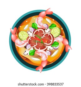 Thai Cuisine, Tom Yum Goong or Traditional Thai Spicy and Sour Soup with Prawns, Mushroom, Coconut Milk and Herbs. One of The Most Famous Thai Recipes in The World.