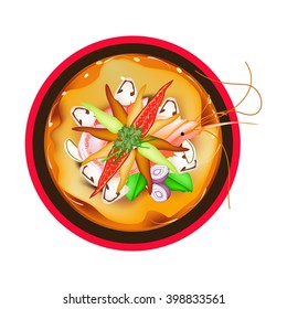 Thai Cuisine, Tom Yum Goong or Thai Spicy and Sour Soup with Shrimps, Mushroom, Coconut Milk and Herbs. One of The Most Famous Dish in Thailand.