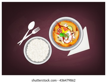 Thai Cuisine, Tom Yum Goong or Thai Spicy and Sour Soup with Shrimps on Chalkboard. One of The Most Famous Food in Thailand.