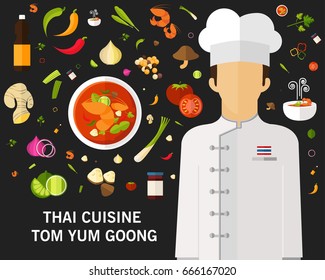 Thai cuisine Tom Yum Goong Spicy Thai shrimp soup concept background. Flat icons.