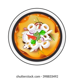 Thai Cuisine, Tom Yum or Traditional Thai Spicy and Sour Soup with Squids, Mushroom, Coconut Milk and Herbs. One of The Most Popular Dish in Thailand.