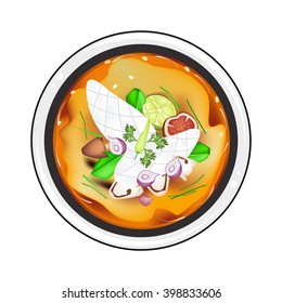 Thai Cuisine, Tom Yum or Traditional Thai Spicy and Sour Soup with Squids, Mushroom, Coconut Milk and Herbs. One of The Most Popular Dish in Thailand.