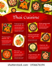 Thai cuisine vector menu gai pad med mamuang, green papaya salad som tum and sweet rice with mango khao niaow ma muang. Ginger shrimps, fried spring rolls with shrimp, sour soup tom yum Thailand meals