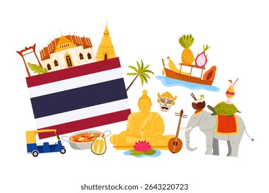 Thai culture elements, famous food and landmarks, travel to Thailand infographic collage banner. Floating Market Boat and durian, Tuk Tuk and Big Buddha, temple of Bangkok cartoon vector illustration