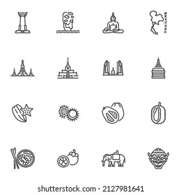 Thai culture line icons set, outline vector symbol collection, linear style pictogram pack. Signs, logo illustration. Set includes icons as thailand travel, exotic fruits, buddhist temple, mangosteen