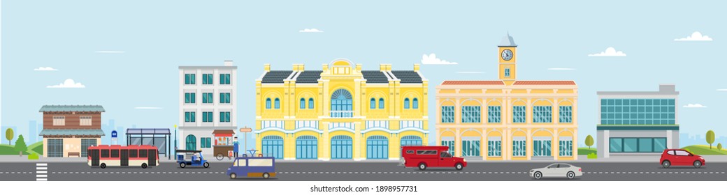 Thai culture street with vintage building and market.Vector illustration.Cars driving city street panorama Thailand urban.Facade city and car.Thai classic home.City scape with sky background.