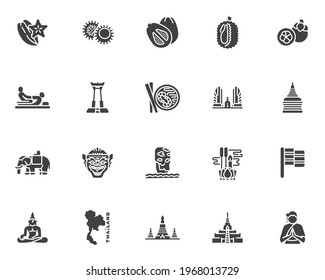 Thai culture vector icons set, modern solid symbol collection, filled style pictogram pack. Signs, logo illustration. Set includes icons as thai massage, buddhist temple, exotic fruits, buddha statue