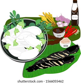 Thai curry (Thai name is Kaeng Som Dok Khae), Agusta flower (Sesbania Grand Flora) and seasoning, grilled catfish, tamarind fish sauce, dried chilli, Chinese ginger, onion, Asian food from herbs