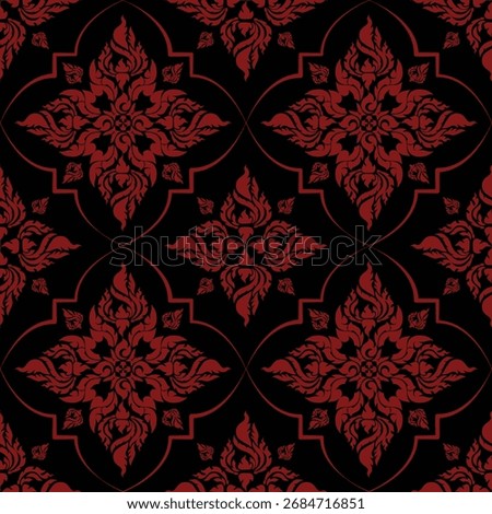 Thai Damask Floral Pattern in red, Elegant Thai Damask Floral Pattern for Wallpaper, Classic Thai Damask Floral Pattern Seamless Vector