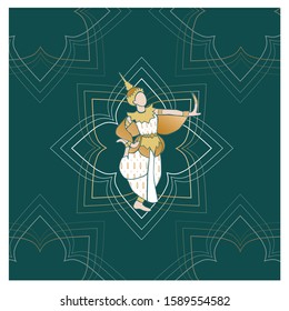 THAI DANCE WITH THAI PATTERN ON DARK GREEN BACKGROUND