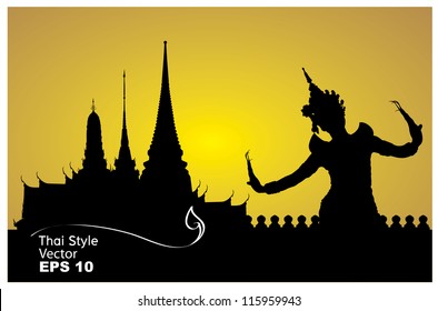 thai dance woman with temple in thailand background silhouette