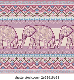 Thai decorative artwork featuring pink and ivory elephants walking on a purple background, framed with traditional tribal-style textile patterns in various colors. Perfect for cultural projects, texti