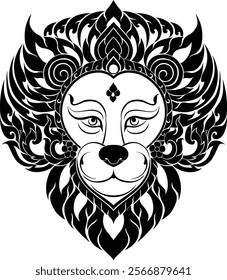 Thai decorative pattern elements in the silhouette of a lion's head that can be used for tattoos, logos, or contemporary graphic designs