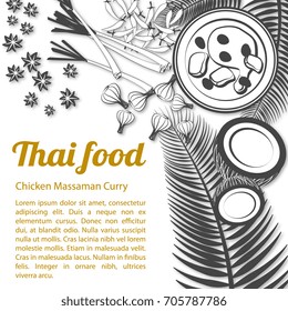 Thai delicious and famous food Chicken Curry Massaman with isolated white background ingredient,black and white gray scale style,vector illustration