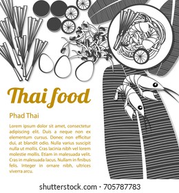 Thai delicious and famous food fried noodle stick with shrimp pad thai with isolated white background and ingredient,black and white gray scale style,vector illustration