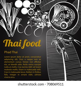 Thai delicious and famous food fried noodle Pad thai stick with shrimp with isolated black background and ingredient,black and white gray scale style,vector illustration