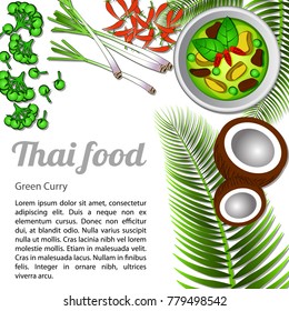 Thai delicious and famous food Green Curry with isolated white background ingredient,vector illustration